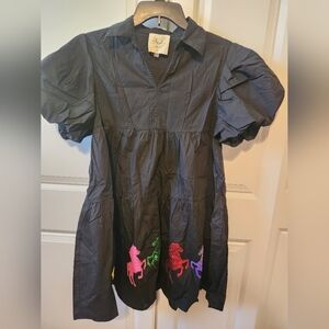 Black Dress with Colorful Horse Embroidery